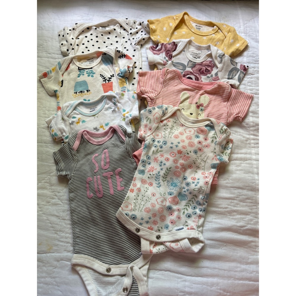 Gerber Baby Girl 0-3M Bodysuit Lot 8pc Floral Polka Dot Striped Onesies Cotton